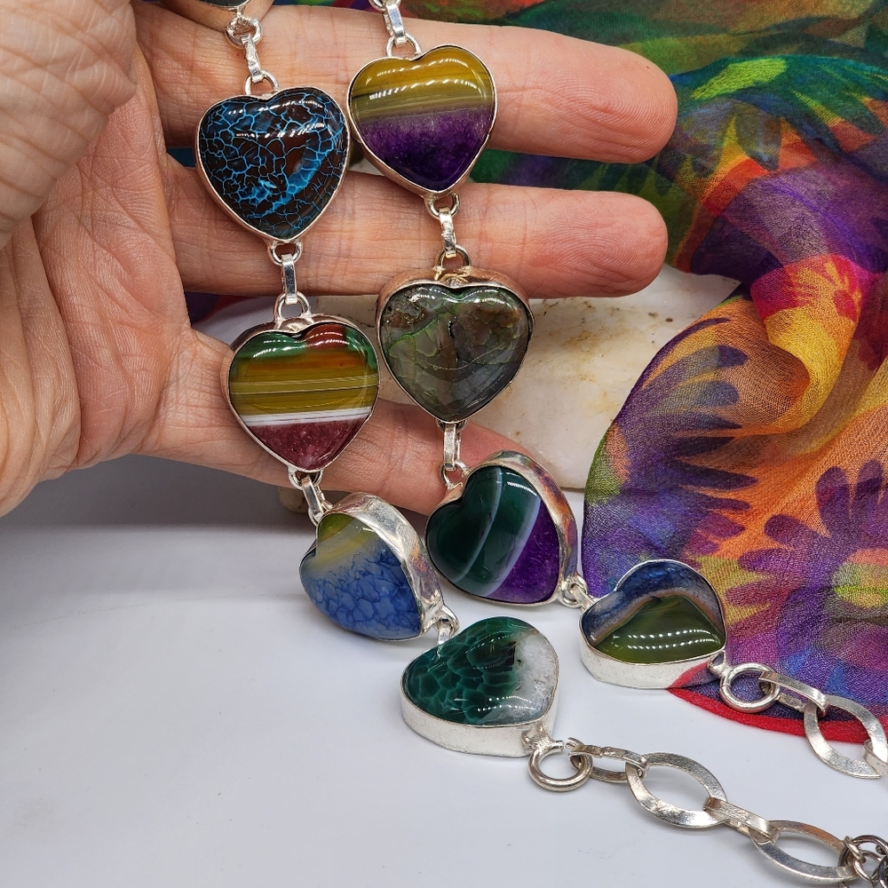 Vintage Jewelry Sterling Silver 925 Necklace Genuine Agate Stones Heart - Picture 5 of 15
